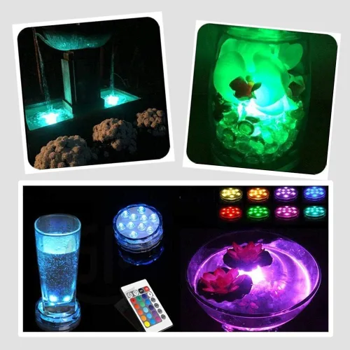 Vista 4 de Luces LED sumergibles con control remoto, 16 colores cambiantes, impermeables, luces de té LED, lámpara de piscina, luz de estanque subacuática a