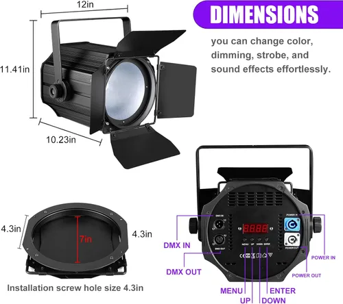Vista 2 de Luces de escenario COB con puertas de granero, luz par COB de 200 W, LED 3500 ~ 7500 K, blanco cálido y blanco, DMX512 con sonido maestro-esclavo