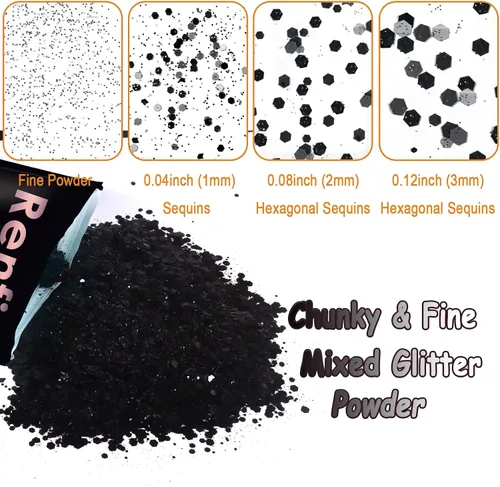 Vista 4 de Renfio Purpurina gruesa negra, 100 g (3.5 oz) mezcla de polvo fino brillante con lentejuelas iridiscentes para el rostro, purpurina para Halloween