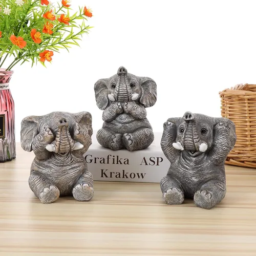 Vista 2 de Juego de 3 estatuas de elefante para decoración del hogar, bonitas figuras para estante, sala de estar, dormitorio, oficina, escritorio, estantería