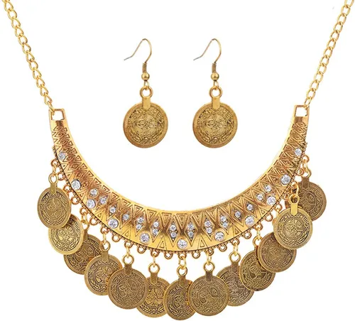 Vista 7 de Dcfywl731 Juego de joyas gitanas de oro, collar y aretes, pulsera, collares bohemios, collar de diamantes de imitación, monedas, aretes colgantes