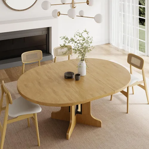 Vista 9 de Feonase Mesa de comedor redonda extensible de 59 pulgadas para 4-6, moderna mesa de cocina ovalada con base de madera resistente, soporte de marco