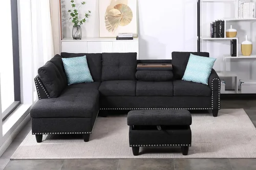 Vista 4 de EMKK Sofá modular de 3 piezas, juego de muebles de sala de estar, sofá esquinero tapizado de 5 plazas en forma de L, 1 diván gris oscuro