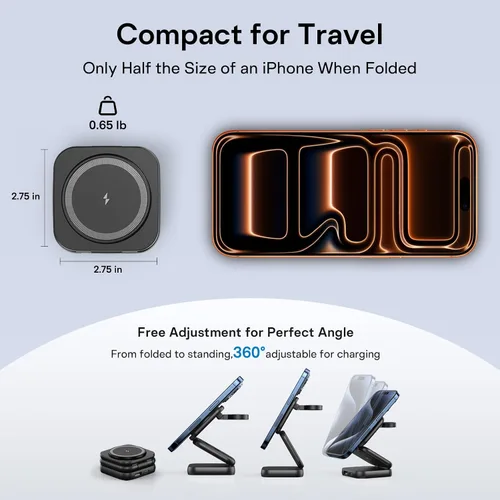 Vista 5 de Cargador inalámbrico 5 en 1 para MagSafe, estación de carga de viaje portátil AC ISLAND de 35 W, soporte magnético plegable rápido Qi2 de 35 W
