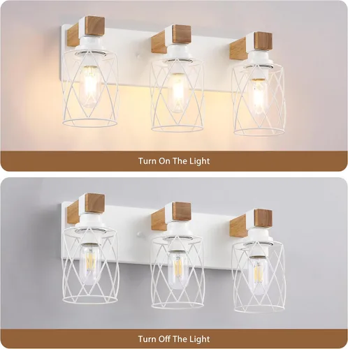 Vista 4 de Farmhouse 3-Light Wood Bathroom Vanity Light, White Metal Cage Shade