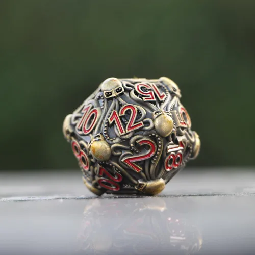 Vista 5 de Dados de metal D20 con diseño intrincado de pulpo, acabado antiguo y números rojos para Call of Cthulhu, RPGs-DNDWoW BZQR