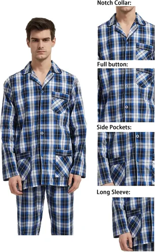 Vista 2 de GLOBAL Conjunto de pijama de 100 % algodón para hombre, pijama de manga larga con botones para hombre, ropa de dormir suave y cómoda