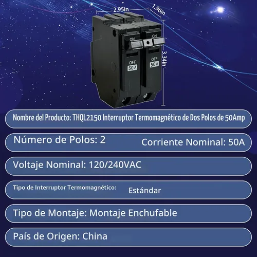 Vista 3 de Interruptor de circuito THQL2150, Compatible con General Electric, Reemplazo para interruptor THQL 2p 50A, 2 polos 50 amperios 120/240V 10kA