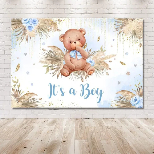 Vista 6 de MEHOFOND Telón de fondo bohemio para baby shower para niños, decoración de fiesta de baby shower, decoración bohemia de pampas Gass It's a Boy Baby