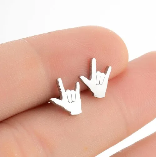 Vista 5 de 3 pares de aretes de acero inoxidable personalizados con símbolo de lenguaje de signos para mujeres y niñas, joyería minimalista, Metal, Sin gemas.