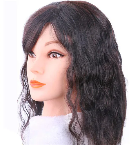 Vista 4 de Peluca de cabello humano mono, tejida a mano, con cierre de corona, rizado natural, con flequillo, para mujer, 6 pulgadas, marrón oscuro