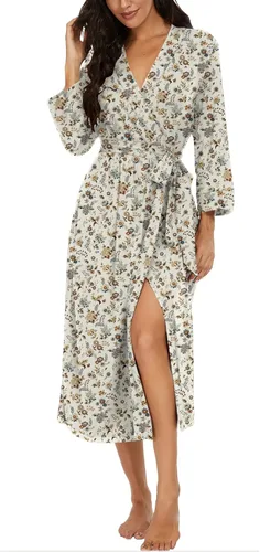 Vista 61 de VINTATRE Bata tipo kimono para mujer, bata larga de punto, ligera, suave, ropa de dormir con cuello en V, casual, ropa de descanso para mujer Verde