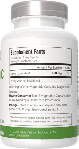 Vista 4 de Suplemento de ácido alfa lipoico, 600 mg por porción, 240 cápsulas vegetarianas 100% vegetarianas, sin OMG y sin gluten