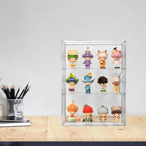 Vista 3 de Vitrina acrílica para figuras, organizador de almacenamiento transparente de 3 niveles montado en la pared, caja de exhibición con puerta magnética