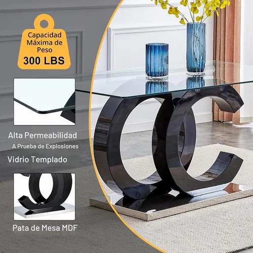 Vista 6 de Ebullient Mesa de comedor de vidrio de 63 pulgadas, mesa de cocina rectangular de vidrio con base de diseño OC negro, mesa de comedor con parte