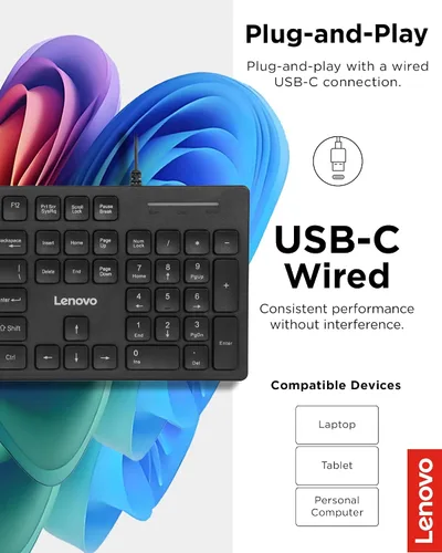 Vista 6 de Lenovo Teclado USB-C con cable 305 con teclado numérico, teclado de tamaño completo, diseño delgado, negro, conectividad USB-C, función dedicada
