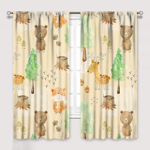 Vista 22 de YCness Cortinas para niños y niñas, diseño de animales de la selva, bosque de otoño, dibujos animados, ciervos, conejos, zorros, búhos, cortinas