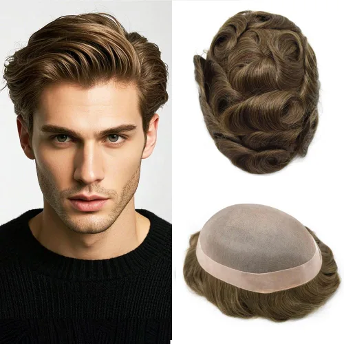 Vista 136 de Fine Mono Men Hair System Mens Toupee Real Human Hair Pieces For Men's Toupee Hair System For Men Hair Piece Natural Hairline 6X8 densidad de luz