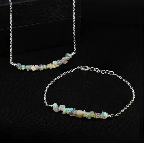 Vista 4 de Gempires Fire Opal Chips Bar Necklace, Opal Crystal Necklace, Gift for Her, Gemstone Jewelry, 18 inch Adjustable Silver Plated Chain
