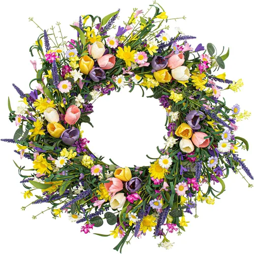 Vista 8 de LLZLL Decoraciones de primavera para el hogar, corona de primavera de 22 pulgadas, coronas artificiales de verano con hojas de eucalipto, lavanda