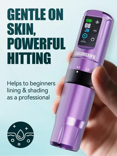 Vista 4 de Dragonhawk Atom2 Pro Tattoo Kit, 7 Stroke Settings, 2000mAh, Purple