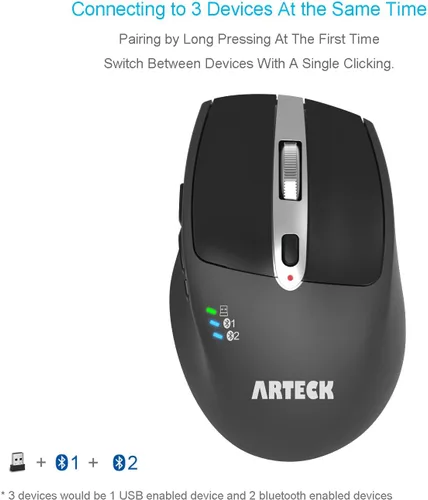 Vista 2 de Arteck Mouse inalámbrico Bluetooth con receptor Nano USB, negro, batería de 4 meses de duración, diseño ergonómico