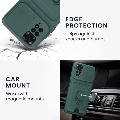 Vista 5 de kwmobile Funda de plástico compatible con Xiaomi Redmi Note 11 / Note 11S - Funda con soporte de metal con ranura para tarjetas - Verde musgo