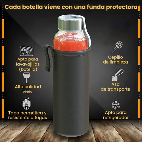 Vista 2 de Botella de agua de vidrio estrella del chef 6 botellas de 18 onzas de paquete para la bebida y Juicer Utilice tapas de acero inoxidable con bucle