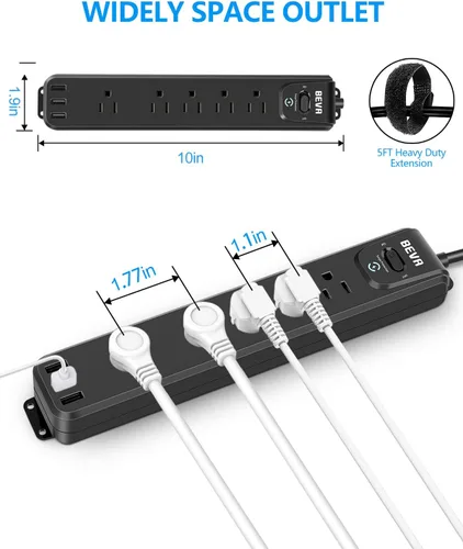 Vista 7 de Regleta protectora contra sobretensiones, 5 tomas ampliamente espaciadas, 3 puertos USB con cable de extensión resistente de 5 pies, enchufe plano