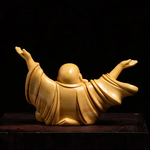 Vista 4 de Estatua de Buda riendo de Feng Shui para la felicidad de la suerte, Dios de la riqueza, estatuas budistas y esculturas de madera maciza, decoración
