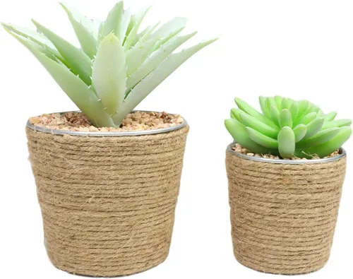Vista 4 de Ebros Gift Juego de 3 plantas suculentas botánicas artificiales realistas de tamaños escalonados en macetas envueltas en yute, plantas sintéticas
