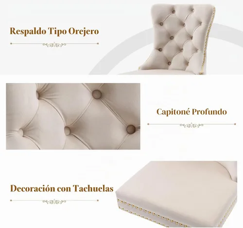 Vista 4 de Juego de 2 sillas de comedor de terciopelo beige, elegantes capitoné