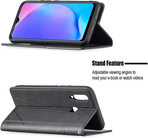 Vista 3 de Funda con tapa para Vivo Y11, Y15, Y12 e Y17, diseño de rombos de piel sintética, con función atril, cierre magnético, para Vivo Y11/Y15/Y12/Y17