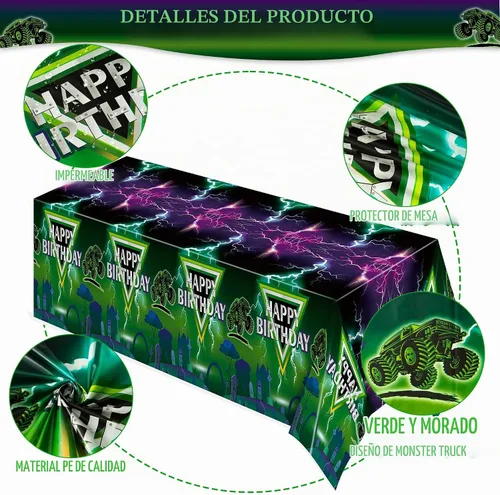 Vista 3 de Manteles de camión monstruo verde y morado – Funda rectangular desechable para baby shower, fiesta de cumpleaños de niños, decoración de mesa