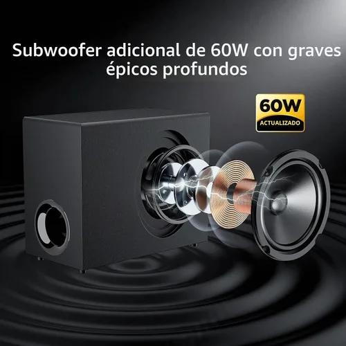 Vista 3 de Barra de Sonido Assistrust con Subwoofer, Barra de Sonido de 110W para Smart TV con Bajo Profundo Ajustable y Aumento de Volumen y 3 Modos de EQ