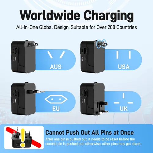 Vista 3 de Adaptador de viaje universal USB C - Enchufe mundial para EE. UU. UE Reino Unido AUS