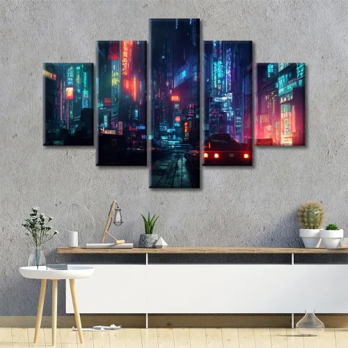 Vista 281 de Cuadros de 5 paneles de Cyberpunk City, arte de pared, representación de vallas publicitarias, edificios modernos en la capital con obras de arte