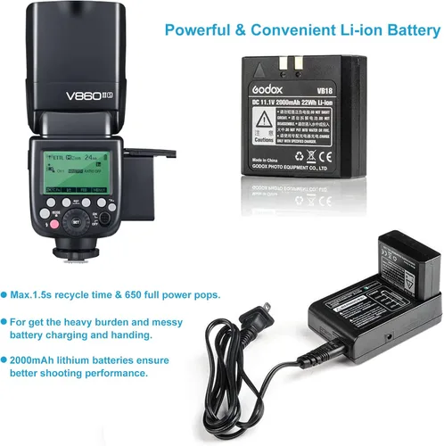 Vista 6 de Godox Flash TTL V860II-S para Sony, GN60 2.4G Speedlite para Sony HSS 1/8000s, batería de iones de litio de 2000 mAh, aproximadamente 650 destellos
