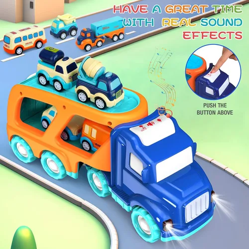 Vista 2 de Paquete de 9 autos de juguete para niños y niñas de 2, 3, 4, 5 años, camión de transporte grande con 8 pequeños camiones de tracción y lindos, juego