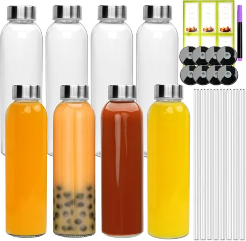 Vista 8 de Botellas de agua de vidrio, botella de vidrio de 16 onzas con tapa de acero inoxidable a prueba de fugas, botellas de jugo reutilizables, botellas