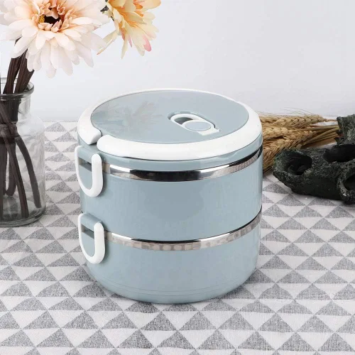 Vista 2 de Caja de almuerzo portátil de acero inoxidable azul con aislamiento térmico para fideos de arroz, contenedor de alimentos, calentador de alimentos