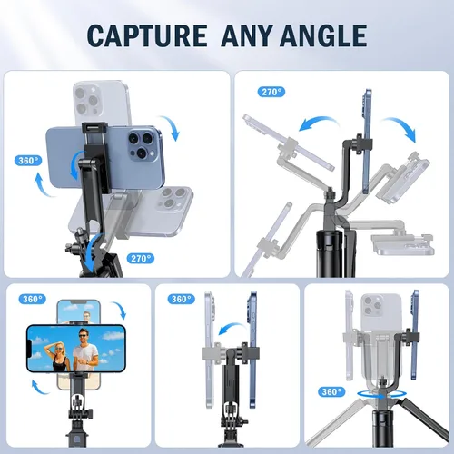 Vista 5 de Trípode Selfie Stick, trípode de 71 pulgadas para iPhone, rotación de 360° con control remoto inalámbrico, soporte portátil de aluminio