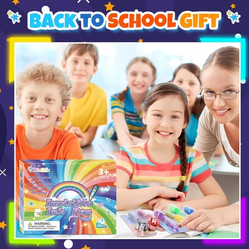 Vista 6 de GIFTINBOX Bolígrafo de tinta invisible con luz UV para niños, 12 bolígrafos espía para fiestas para niños de 8 a 12 años, marcador mágico