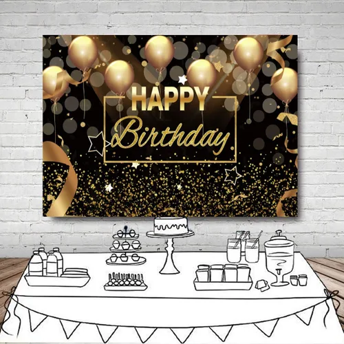 Vista 3 de Sensfun Cartel de fondo de fiesta de feliz cumpleaños, globos negros y dorados con purpurina Bokeh para hombres y mujeres, fondo de fotografía