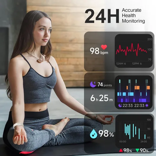 Vista 5 de Rastreador de actividad física, reloj inteligente con monitor de sueño de oxígeno en sangre y frecuencia cardíaca 24/7, pantalla táctil HD de 1.47
