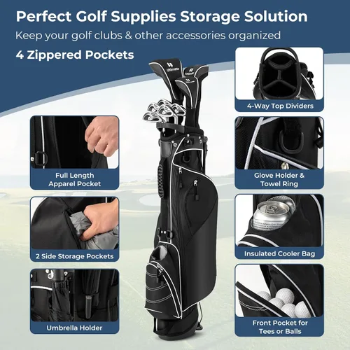 Vista 2 de GYMAX Bolsa de golf con divisor de 4 vías, con 4 bolsillos con cremallera, bolsa refrigeradora, capucha para lluvia y correa acolchada para el Negro