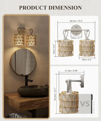 Vista 5 de N12-3 Aplique de pared de ratán bohemio de dos luces, accesorios de tocador para espejo, pantalla tejida en cruz y lámpara de pared cableada