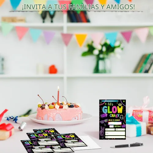 Vista 4 de Invitaciones de fiesta de cumpleaños con neón y brillo, 20 unidades. Invitaciones temáticas de cumpleaños "Let's Glow Crazy" con sobres - HBYQK-B02
