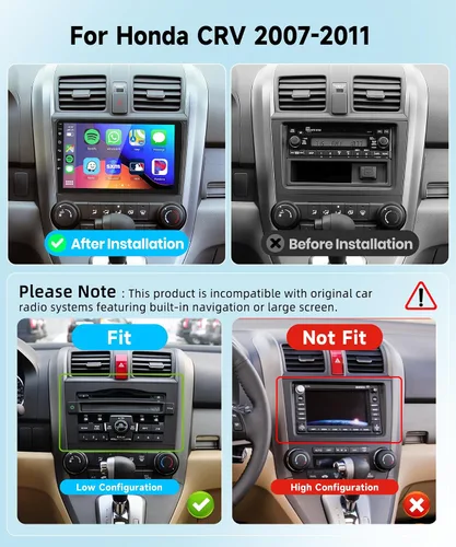 Vista 2 de Estéreo de coche Android 2G+64G para Honda CRV 2007-2011 con Carplay inalámbrico/Android Auto con navegación GPS WiFi, pantalla táctil de 9