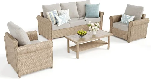 Vista 9 de SUNSHINE VALLEY - Juego de conversación de mimbre para patio de 4 piezas con mesa auxiliar Beige